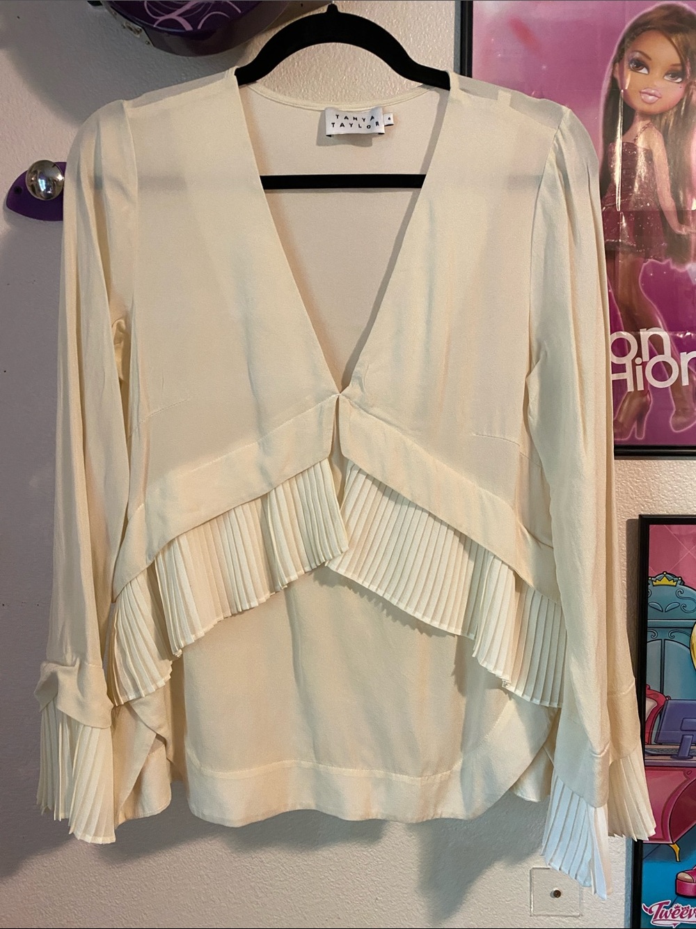 Tanya Taylor Ivory Pleated Ruffle V-Neck Silk Blouse